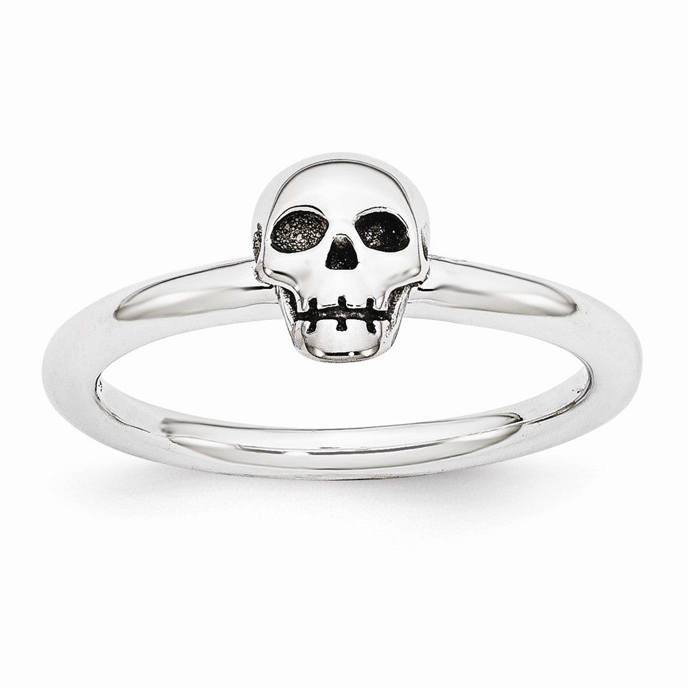 Rhodium Plated Sterling Silver Stackable 6mm Antiqued Skull Ring, Item R10960 by The Black Bow Jewelry Co.