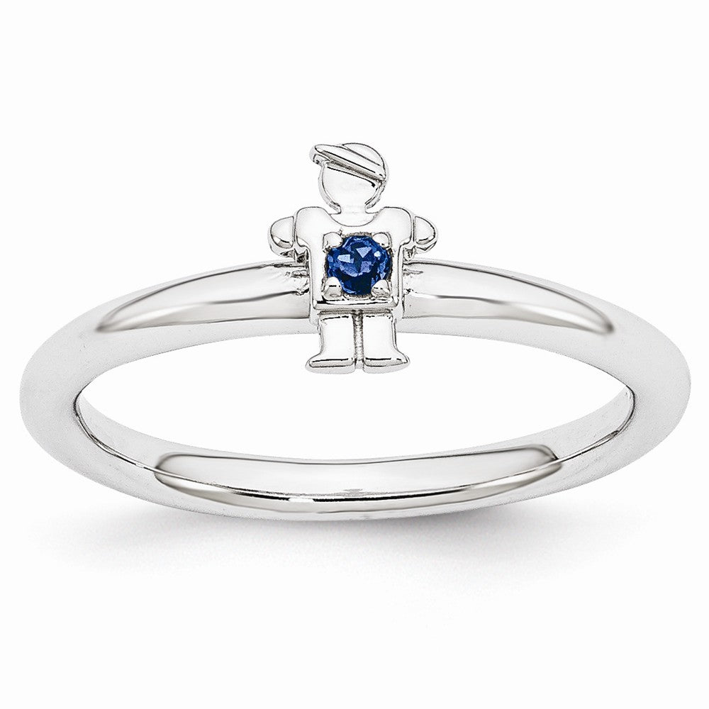 Rhodium Plated Sterling Silver Stackable Created Sapphire 7mm Boy Ring, Item R10973 by The Black Bow Jewelry Co.