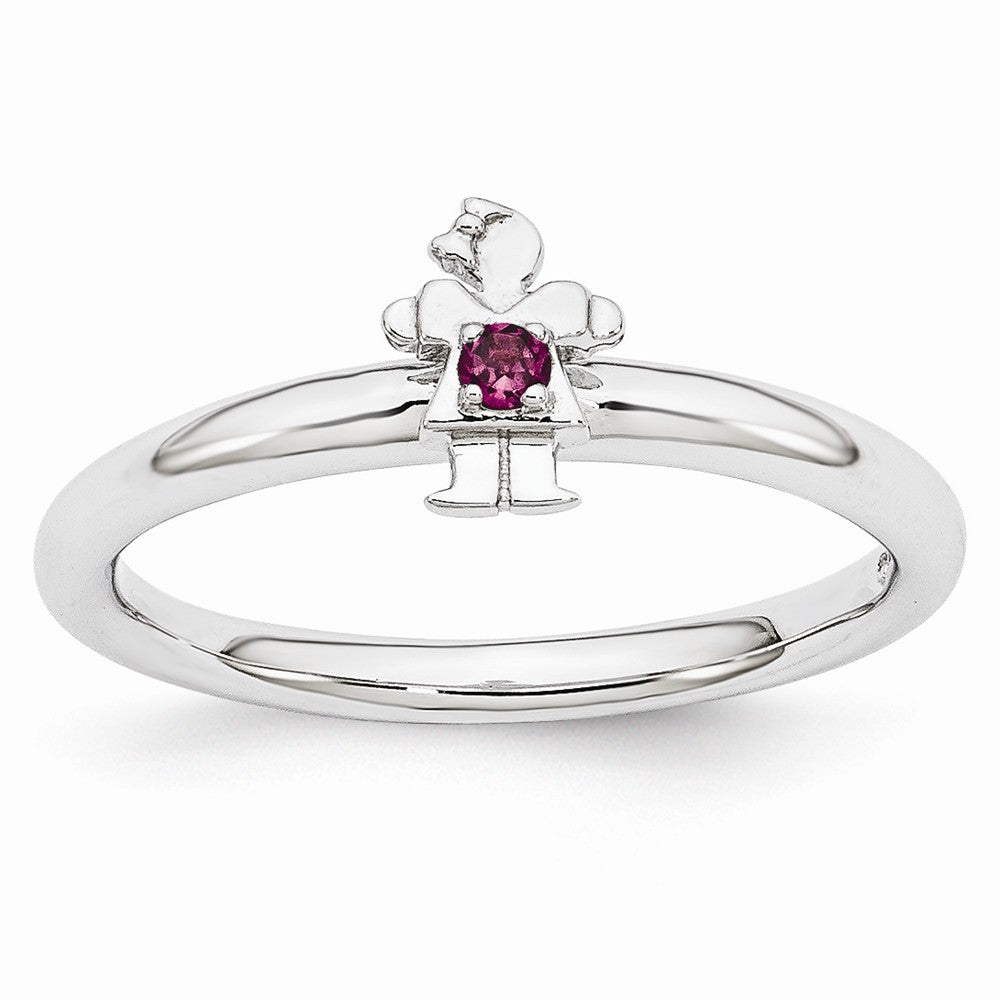 Rhodium Plate Sterling Silver Stackable Rhodolite Garnet 7mm Girl Ring, Item R10978 by The Black Bow Jewelry Co.
