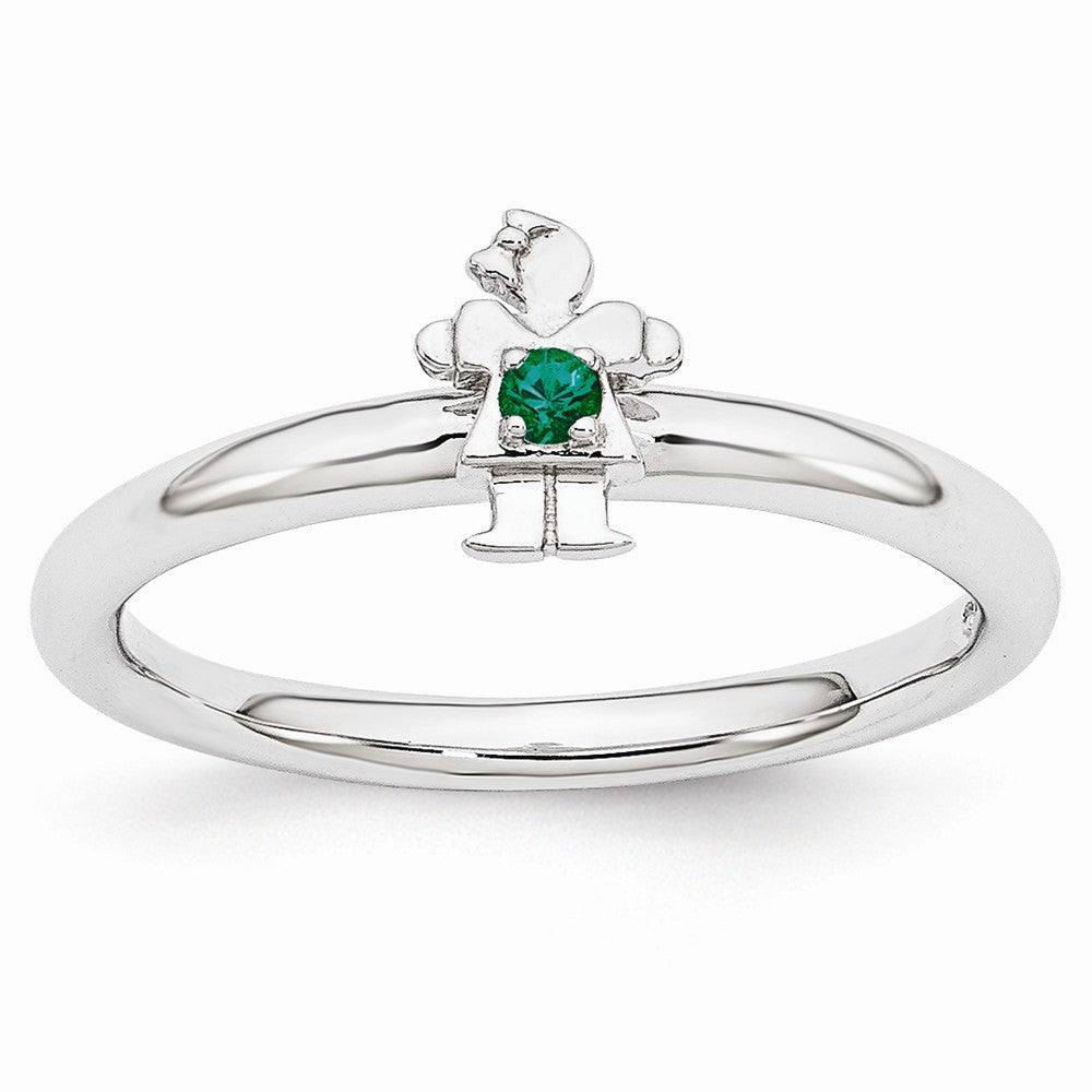 Rhodium Plated Sterling Silver Stackable Created Emerald 7mm Girl Ring, Item R10980 by The Black Bow Jewelry Co.