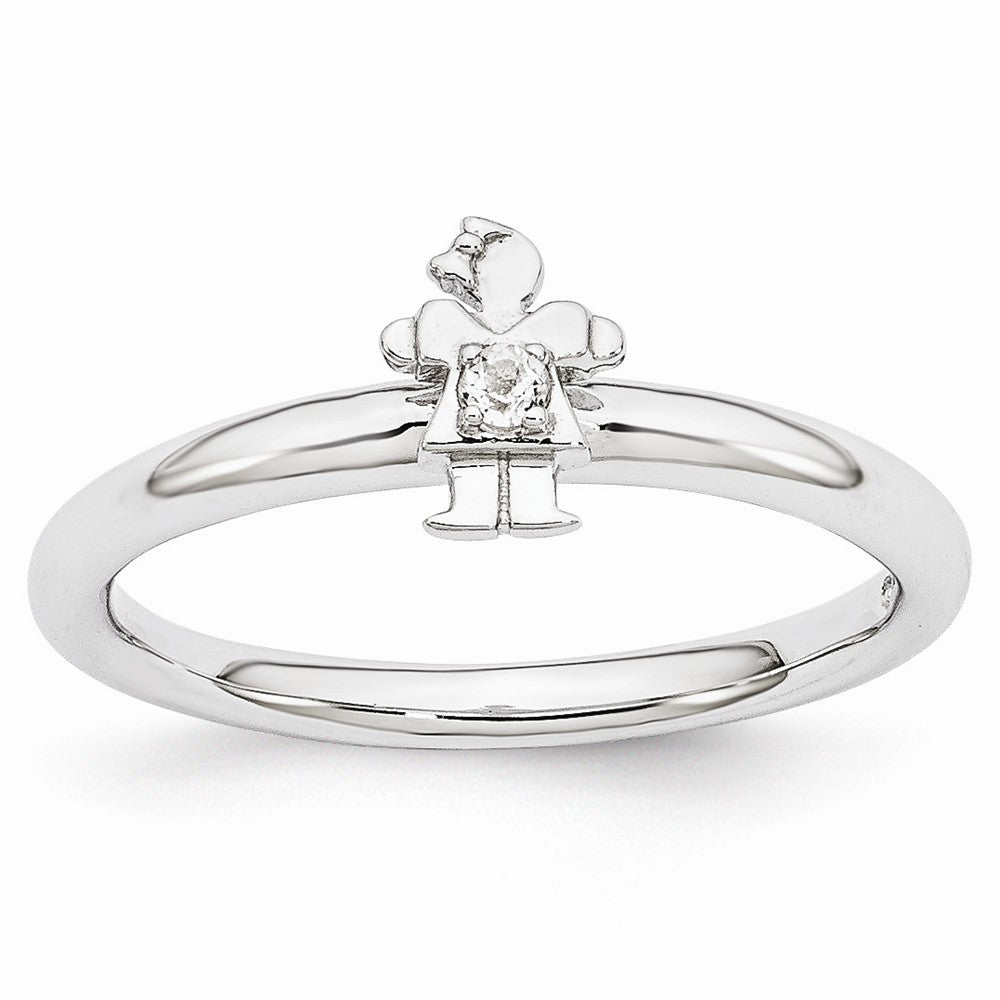 Rhodium Plated Sterling Silver Stackable White Topaz 7mm Girl Ring, Item R10982 by The Black Bow Jewelry Co.