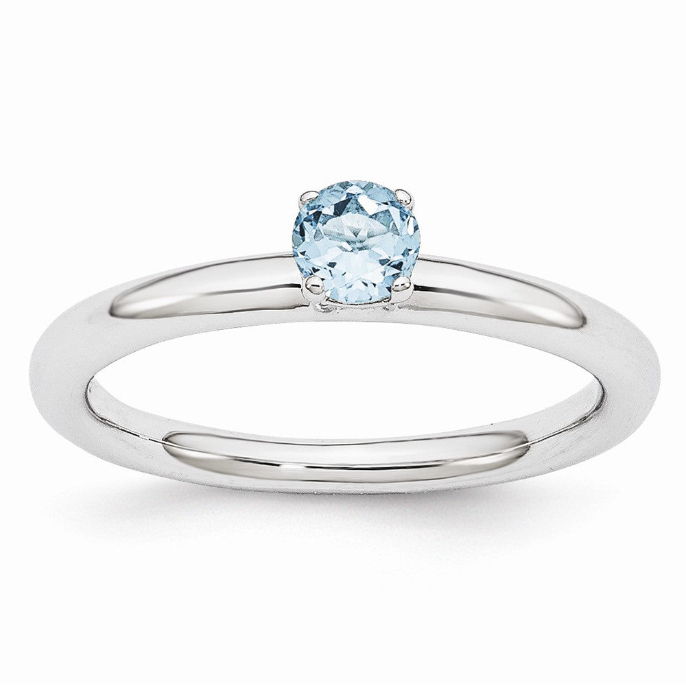 Rhodium Plated Sterling Silver Stackable 4mm Round Blue Topaz Ring, Item R10990 by The Black Bow Jewelry Co.