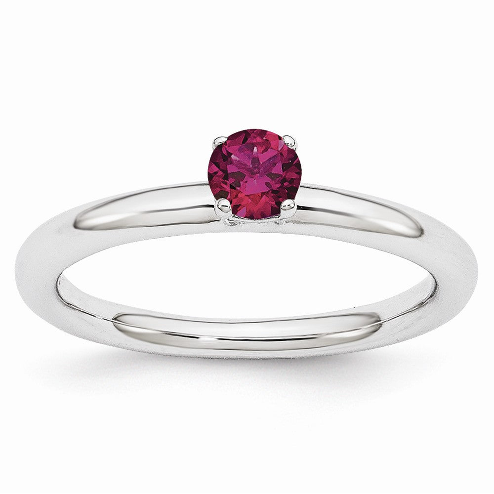 Rhodium Plated Sterling Silver Stackable 4mm Round Created Ruby Ring, Item R10995 by The Black Bow Jewelry Co.