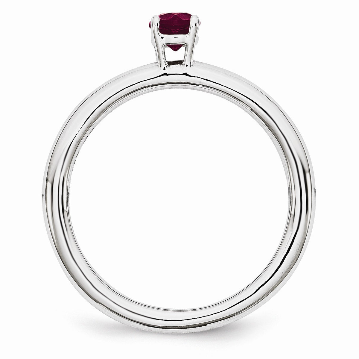 Alternate view of the Rhodium Plated Sterling Silver Stackable 4mm Round Created Ruby Ring by The Black Bow Jewelry Co.