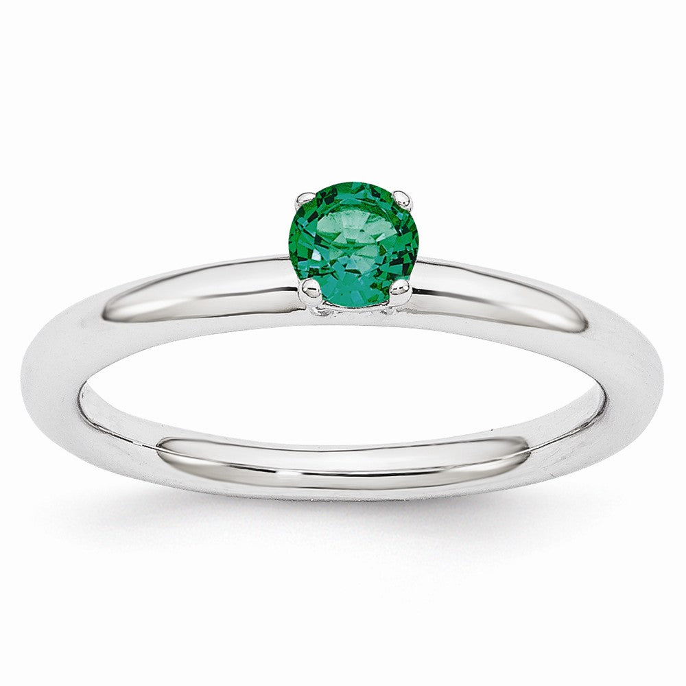 Rhodium Plated Sterling Silver Stackable 4mm Created Emerald Ring, Item R10997 by The Black Bow Jewelry Co.