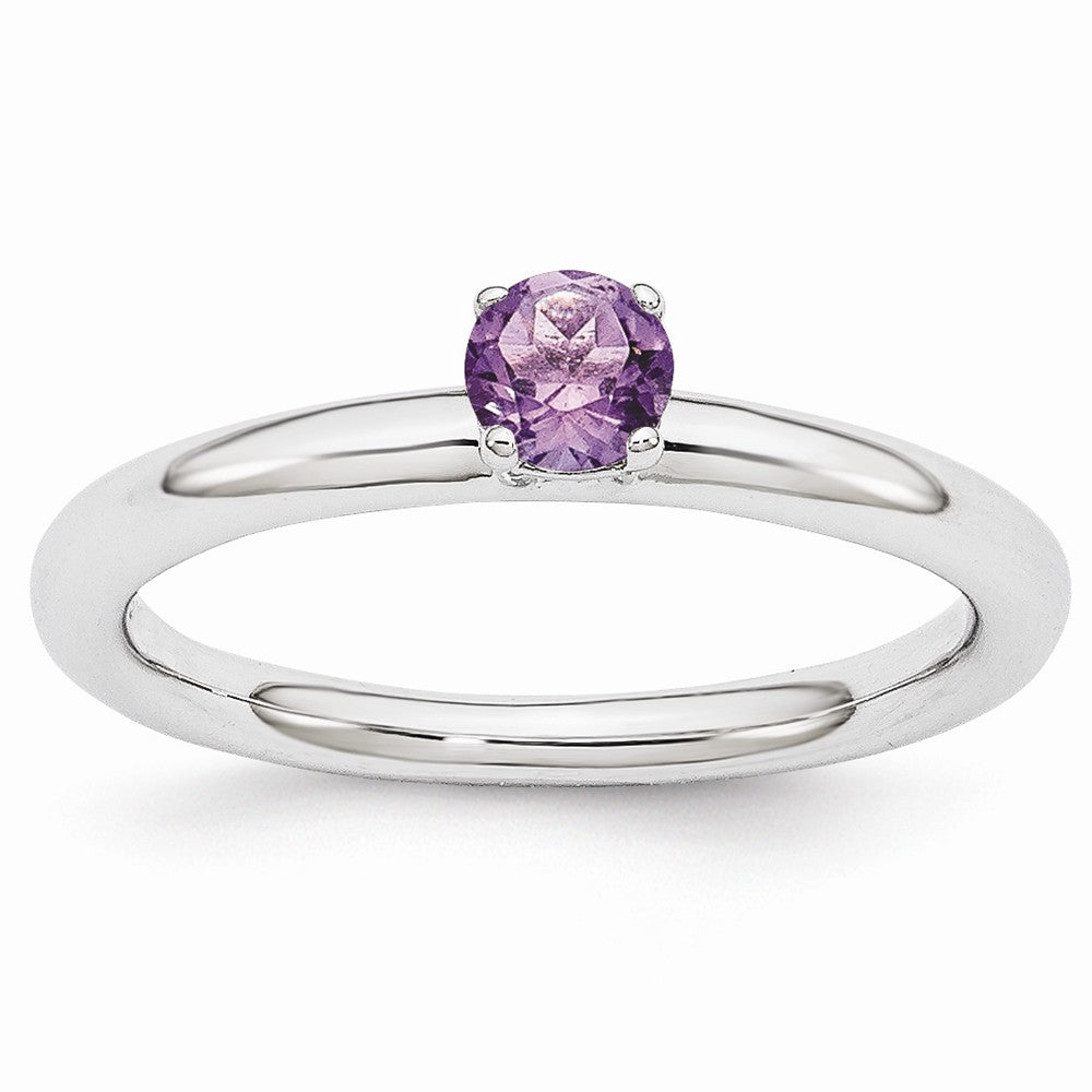 Rhodium Plated Sterling Silver Stackable 4mm Round Amethyst Ring, Item R11000 by The Black Bow Jewelry Co.