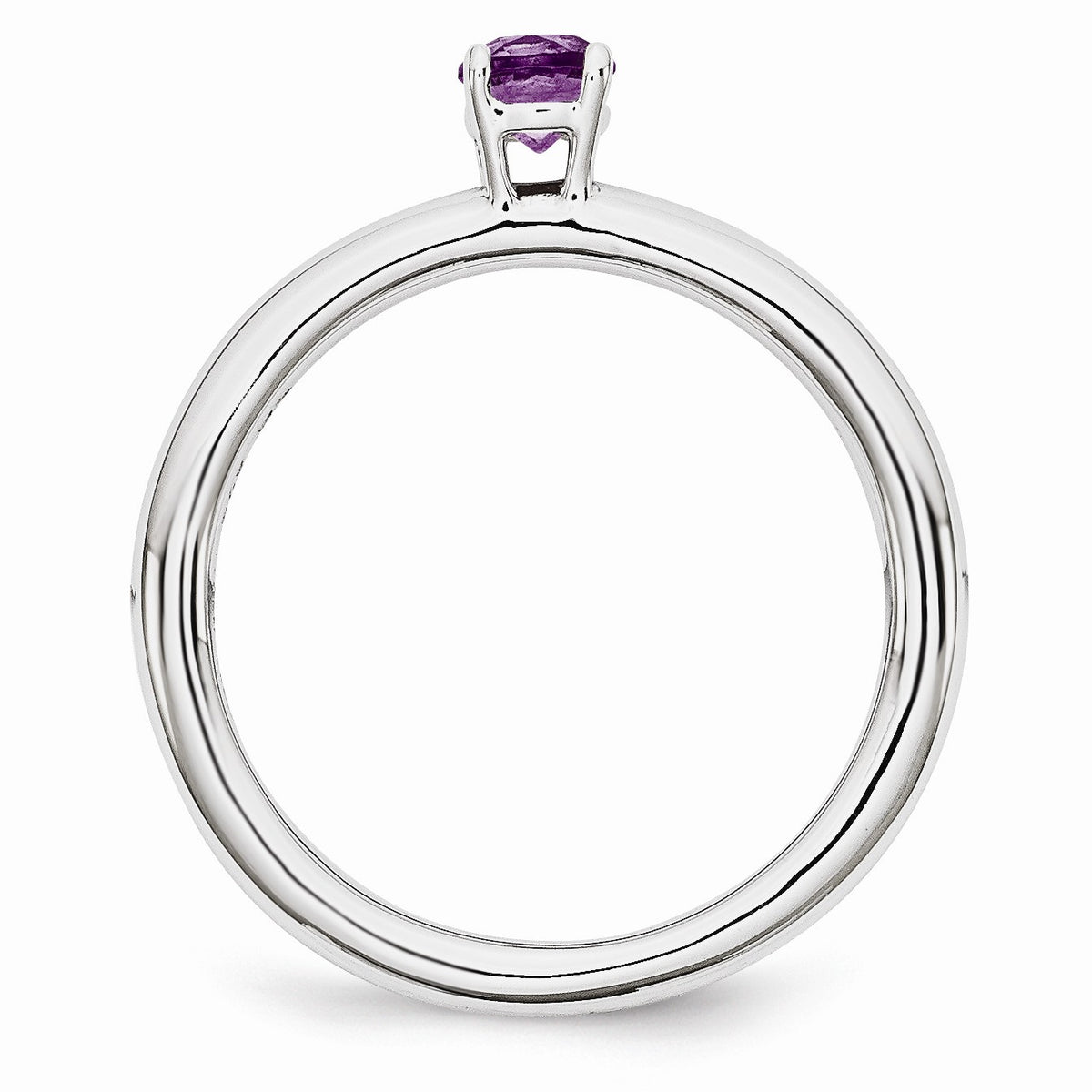 Alternate view of the Rhodium Plated Sterling Silver Stackable 4mm Round Amethyst Ring by The Black Bow Jewelry Co.