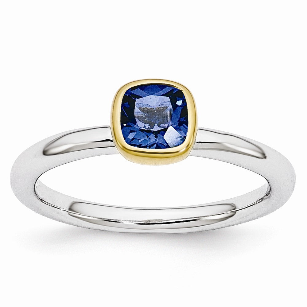 Two Tone Sterling Silver Stackable 5mm Cushion Created Sapphire Ring, Item R11005 by The Black Bow Jewelry Co.
