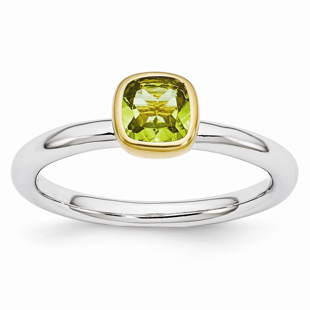 Two Tone Sterling Silver Stackable 5mm Cushion Peridot Ring, Item R11006 by The Black Bow Jewelry Co.