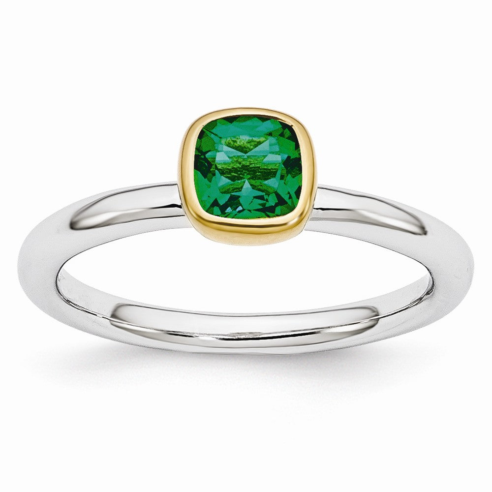 Two Tone Sterling Silver Stackable 5mm Cushion Created Emerald Ring, Item R11009 by The Black Bow Jewelry Co.