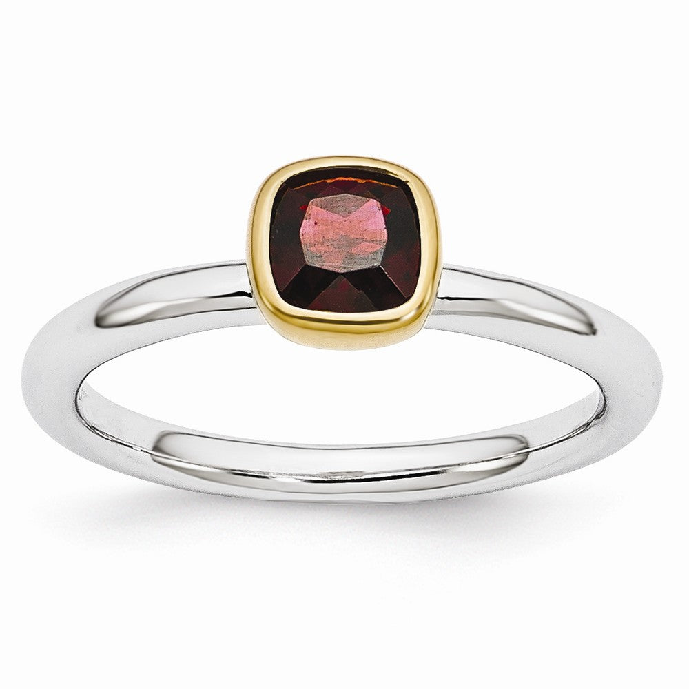 Two Tone Sterling Silver Stackable 5mm Cushion Garnet Ring, Item R11013 by The Black Bow Jewelry Co.