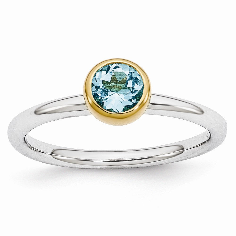 Two Tone Sterling Silver Stackable 5mm Round Blue Topaz Ring, Item R11014 by The Black Bow Jewelry Co.