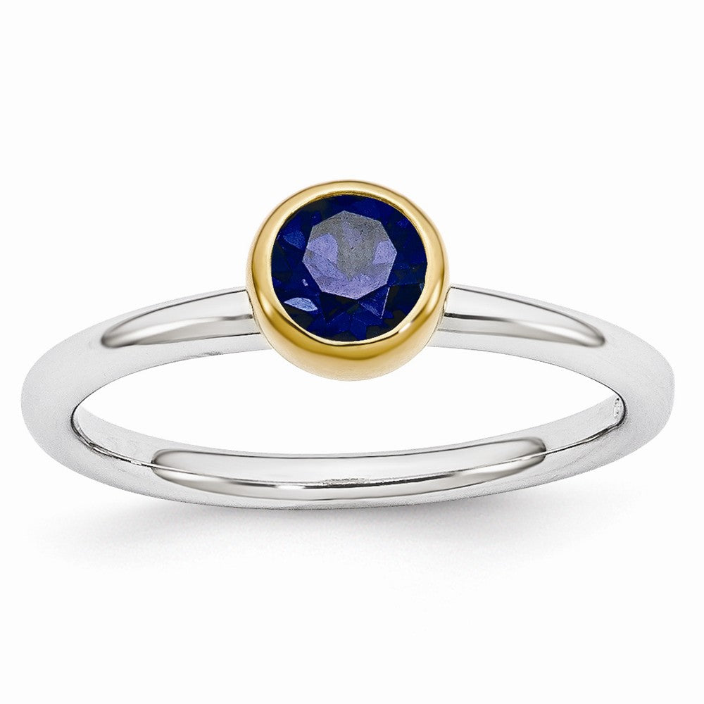 Two Tone Sterling Silver Stackable 5mm Round Created Sapphire Ring, Item R11017 by The Black Bow Jewelry Co.