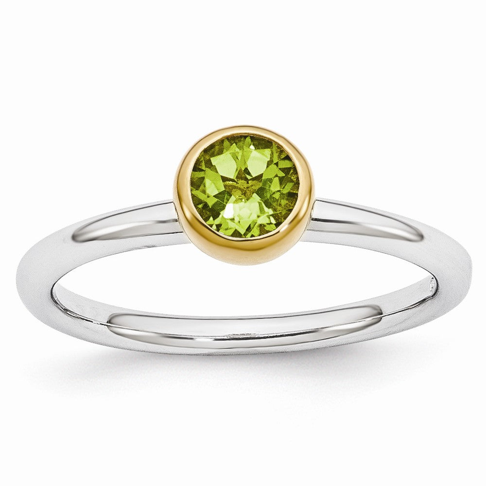 Two Tone Sterling Silver Stackable 5mm Round Peridot Ring, Item R11018 by The Black Bow Jewelry Co.