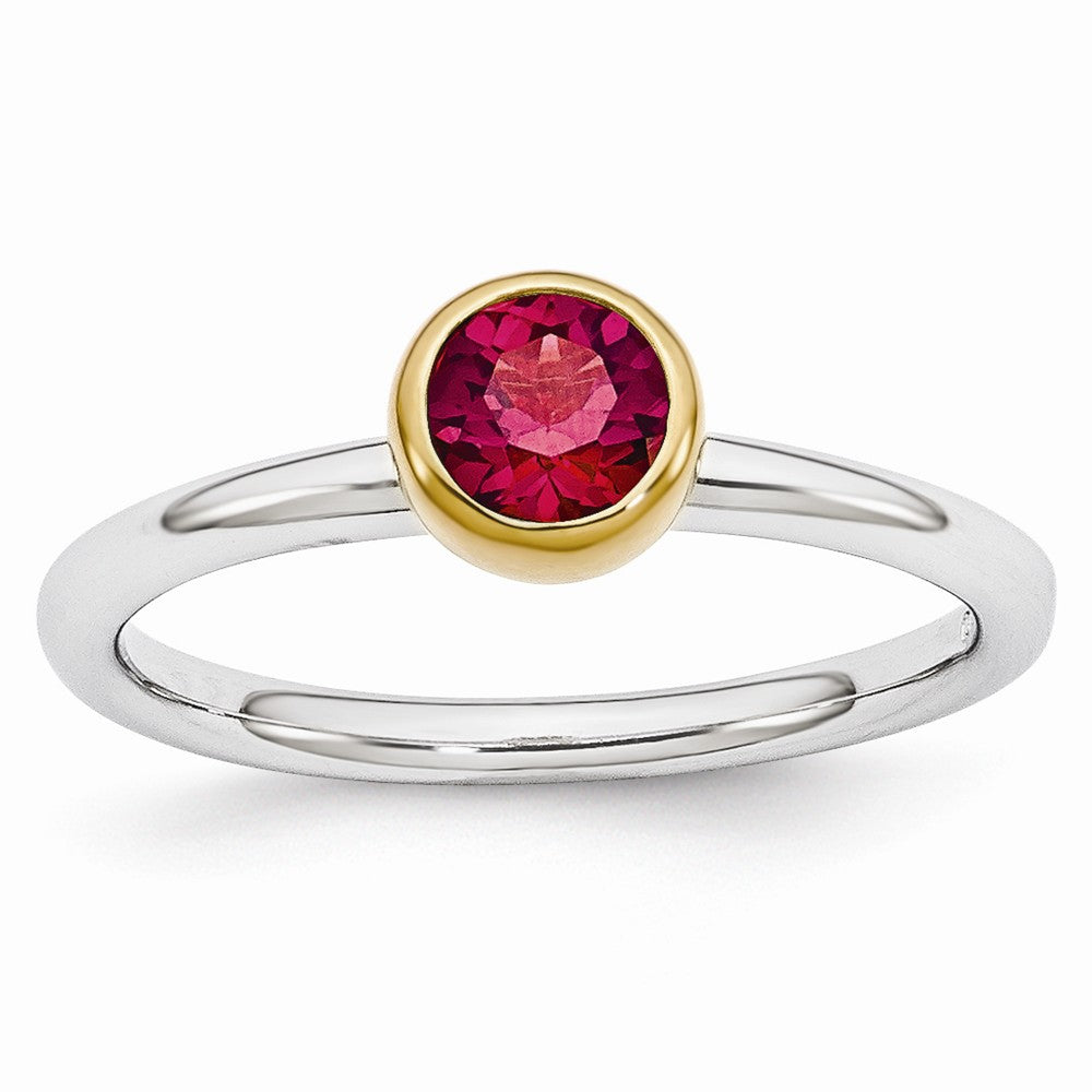 Two Tone Sterling Silver Stackable 5mm Round Created Ruby Ring, Item R11019 by The Black Bow Jewelry Co.