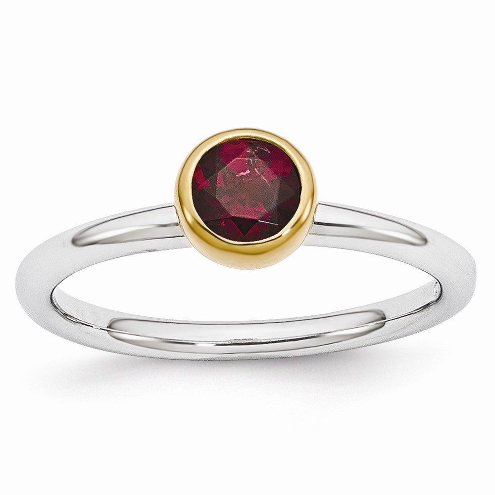 Two Tone Sterling Silver Stackable 5mm Round Rhodolite Garnet Ring, Item R11020 by The Black Bow Jewelry Co.