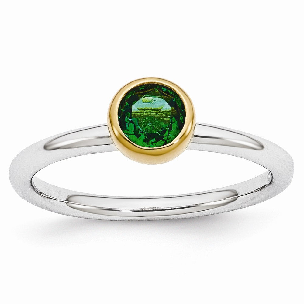 Two Tone Sterling Silver Stackable 5mm Round Created Emerald Ring, Item R11021 by The Black Bow Jewelry Co.