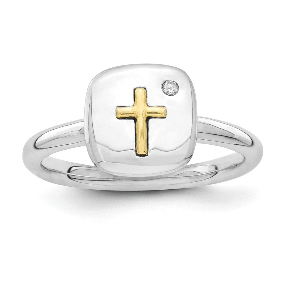 Sterling Silver & 14k Gold Cross Stackable .015ct I3 H-I Diamond Ring, Item R11038 by The Black Bow Jewelry Co.