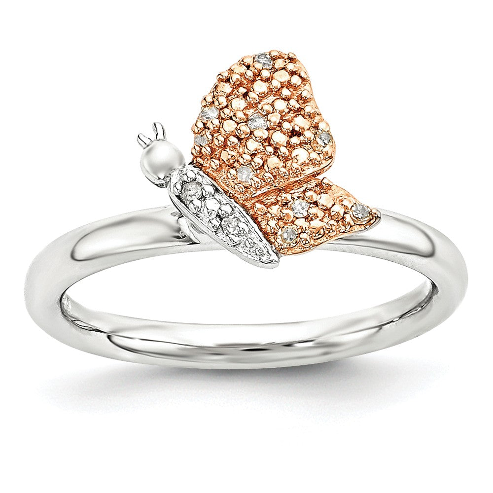Sterling Silver/Rose Tone .05 Ctw Diamond 10mm Butterfly Stack Ring, Item R11039 by The Black Bow Jewelry Co.