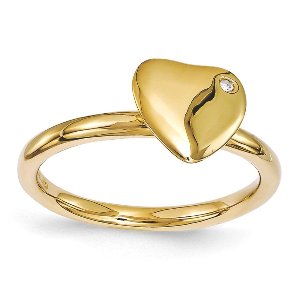 14k Gold Plated Sterling Silver 8mm Heart 1pt Diamond Stackable Ring, Item R11055 by The Black Bow Jewelry Co.