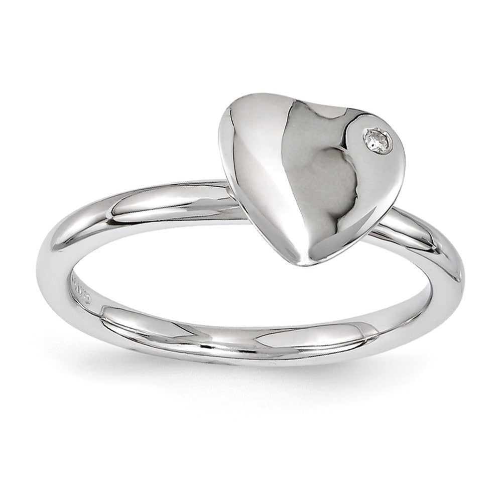 Rhodium Plated Sterling Silver 8mm Heart 1pt I3 H-I Diamond Stack Ring, Item R11056 by The Black Bow Jewelry Co.