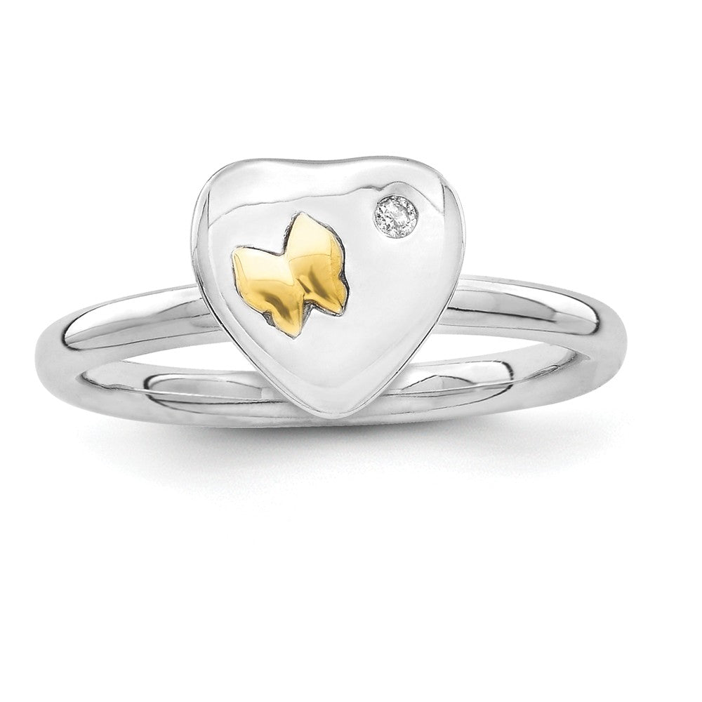 Sterling Silver &amp; 14k Gold Butterfly .015 Ct Diamond Heart Stack Ring, Item R11068 by The Black Bow Jewelry Co.