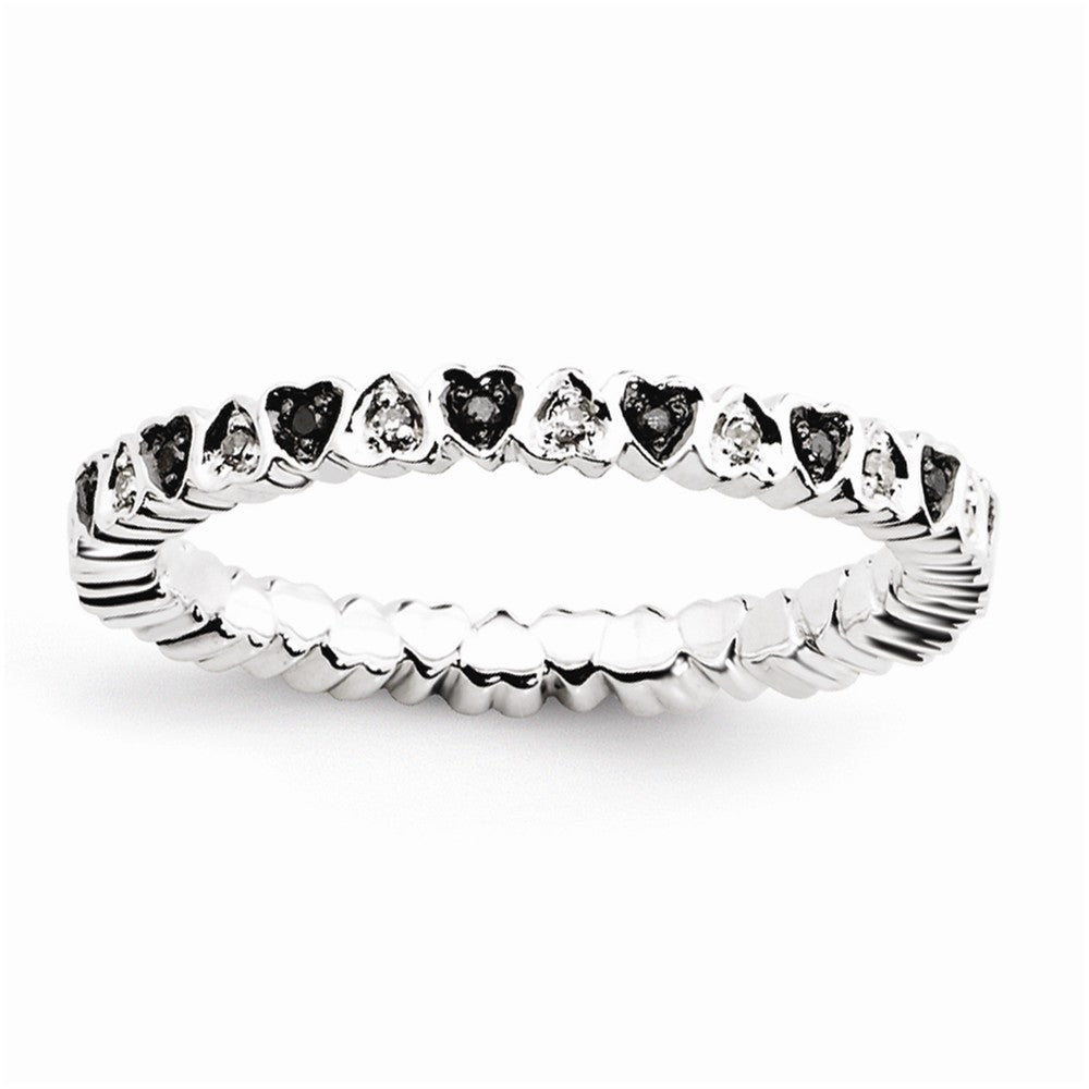 2.5mm Sterling Silver .12 Ctw Black & White Diamond Heart Stack Band, Item R11087 by The Black Bow Jewelry Co.