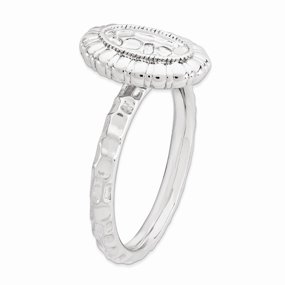 Alternate view of the Rhodium Plated Sterling Silver Stackable Textured 12mm Oval Ring by The Black Bow Jewelry Co.