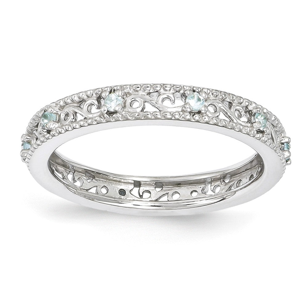 3mm Sterling Silver Stackable Expressions Aquamarine Scroll Band, Item R11103 by The Black Bow Jewelry Co.