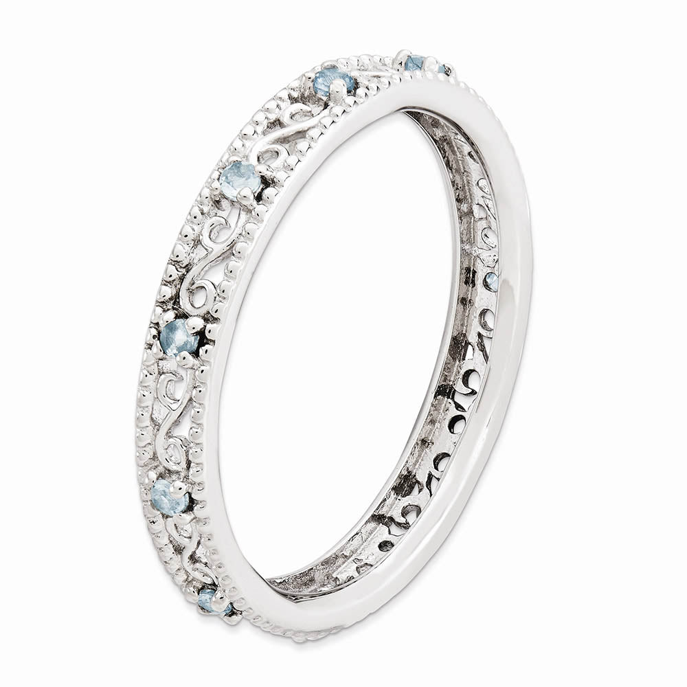 Alternate view of the 3mm Sterling Silver Stackable Expressions Aquamarine Scroll Band by The Black Bow Jewelry Co.