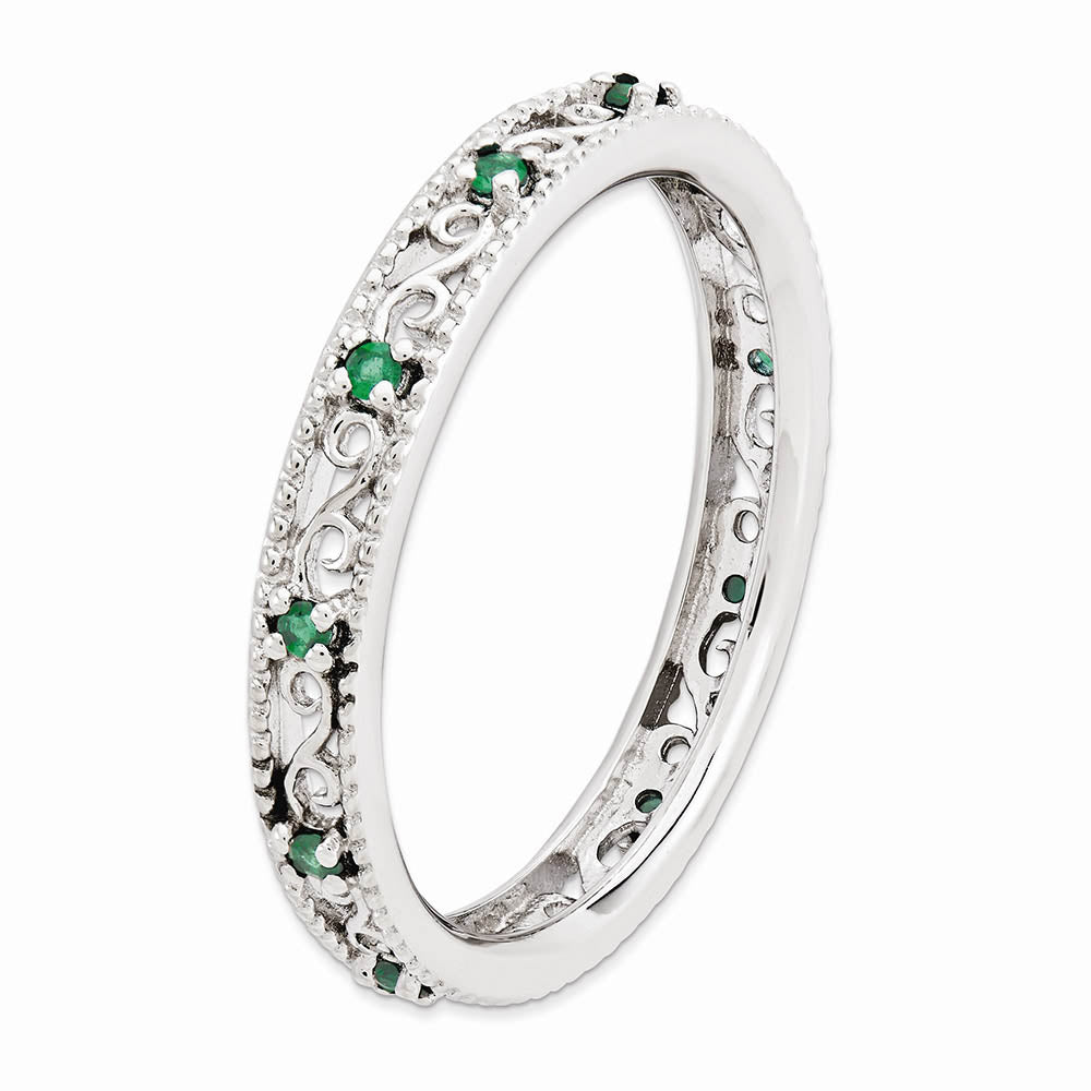 Alternate view of the 3mm Sterling Silver Stackable Created Emerald Scroll Band Size 5 by The Black Bow Jewelry Co.