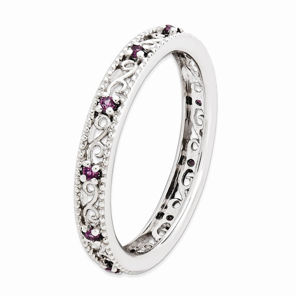 Alternate view of the 3mm Sterling Silver Stackable Rhodolite Garnet Scroll Band Size 5 by The Black Bow Jewelry Co.