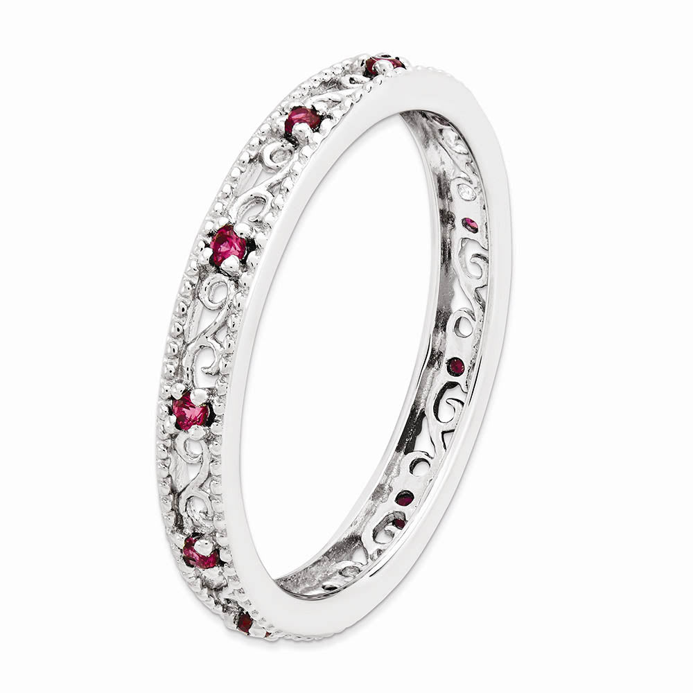 Alternate view of the 3mm Sterling Silver Stackable Expressions Created Ruby Scroll Band by The Black Bow Jewelry Co.