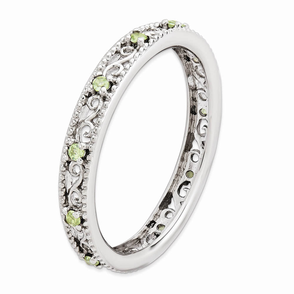 Alternate view of the 3mm Sterling Silver Stackable Expressions Peridot Scroll Band by The Black Bow Jewelry Co.