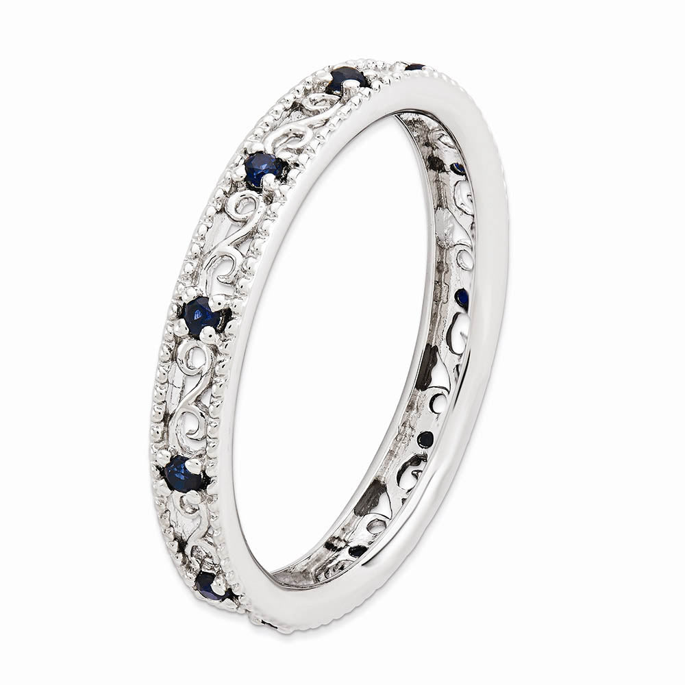 Alternate view of the 3mm Sterling Silver Stackable Created Sapphire Scroll Band Size 5 by The Black Bow Jewelry Co.