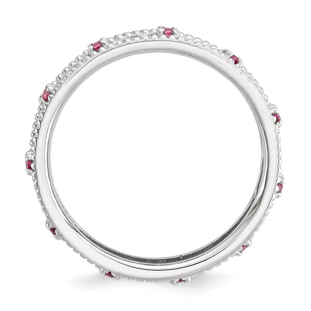 Alternate view of the 3mm Sterling Silver Stackable Created Pink Sapphire Scroll Band by The Black Bow Jewelry Co.