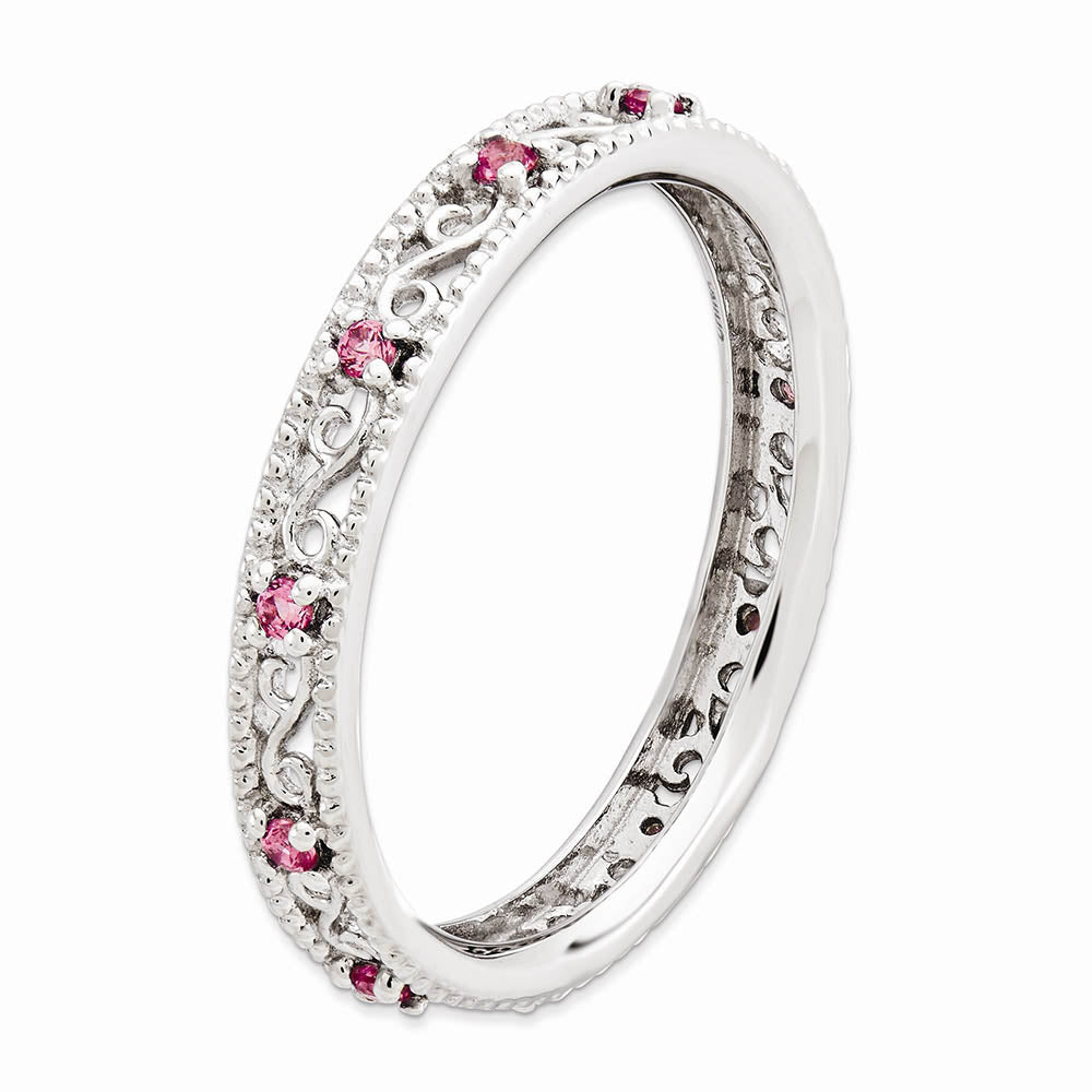 Alternate view of the 3mm Sterling Silver Stackable Created Pink Sapphire Scroll Band Size 5 by The Black Bow Jewelry Co.