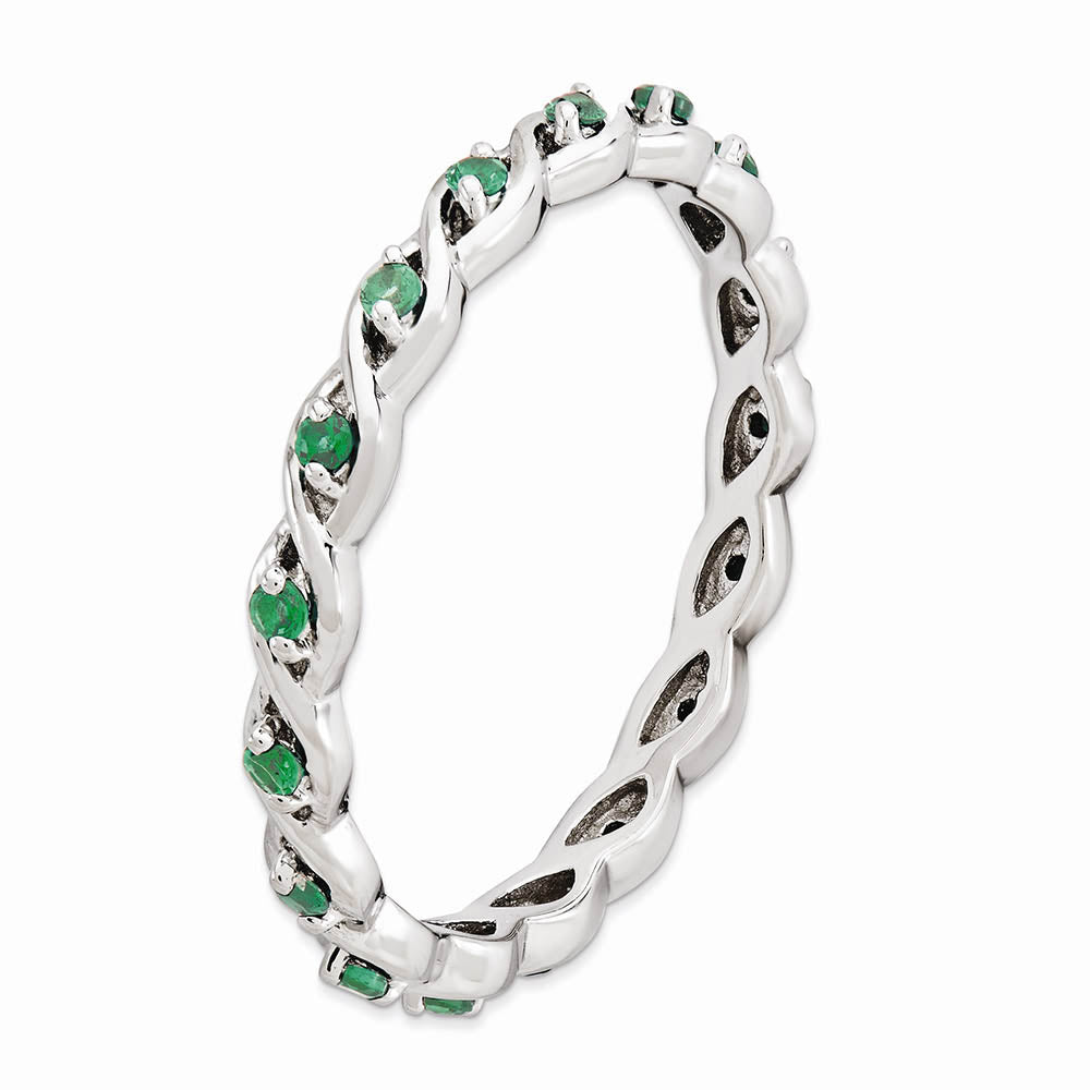 Alternate view of the 2.5mm Rhodium Sterling Silver Stackable Created Emerald Twist Band by The Black Bow Jewelry Co.