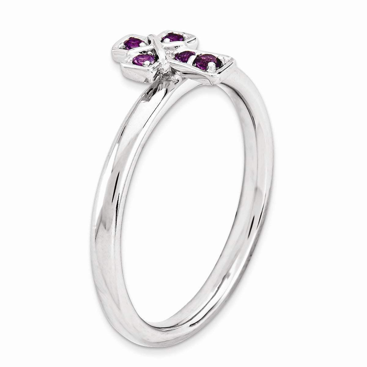 Alternate view of the Rhodium Plated Sterling Silver Stackable Amethyst 9mm Cross Ring Sz 5 by The Black Bow Jewelry Co.