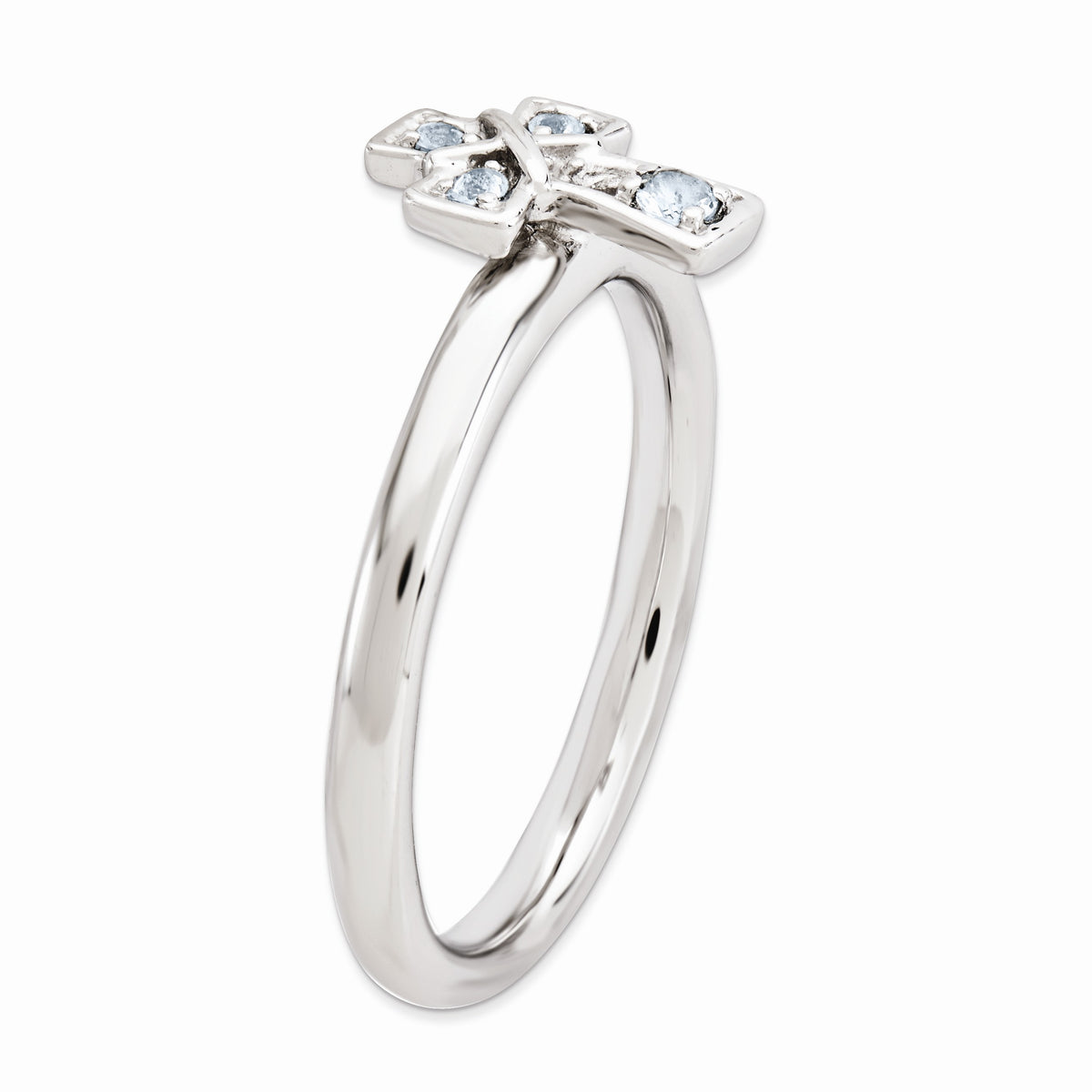 Alternate view of the Rhodium Plated Sterling Silver Stackable Aquamarine 9mm Cross Ring by The Black Bow Jewelry Co.