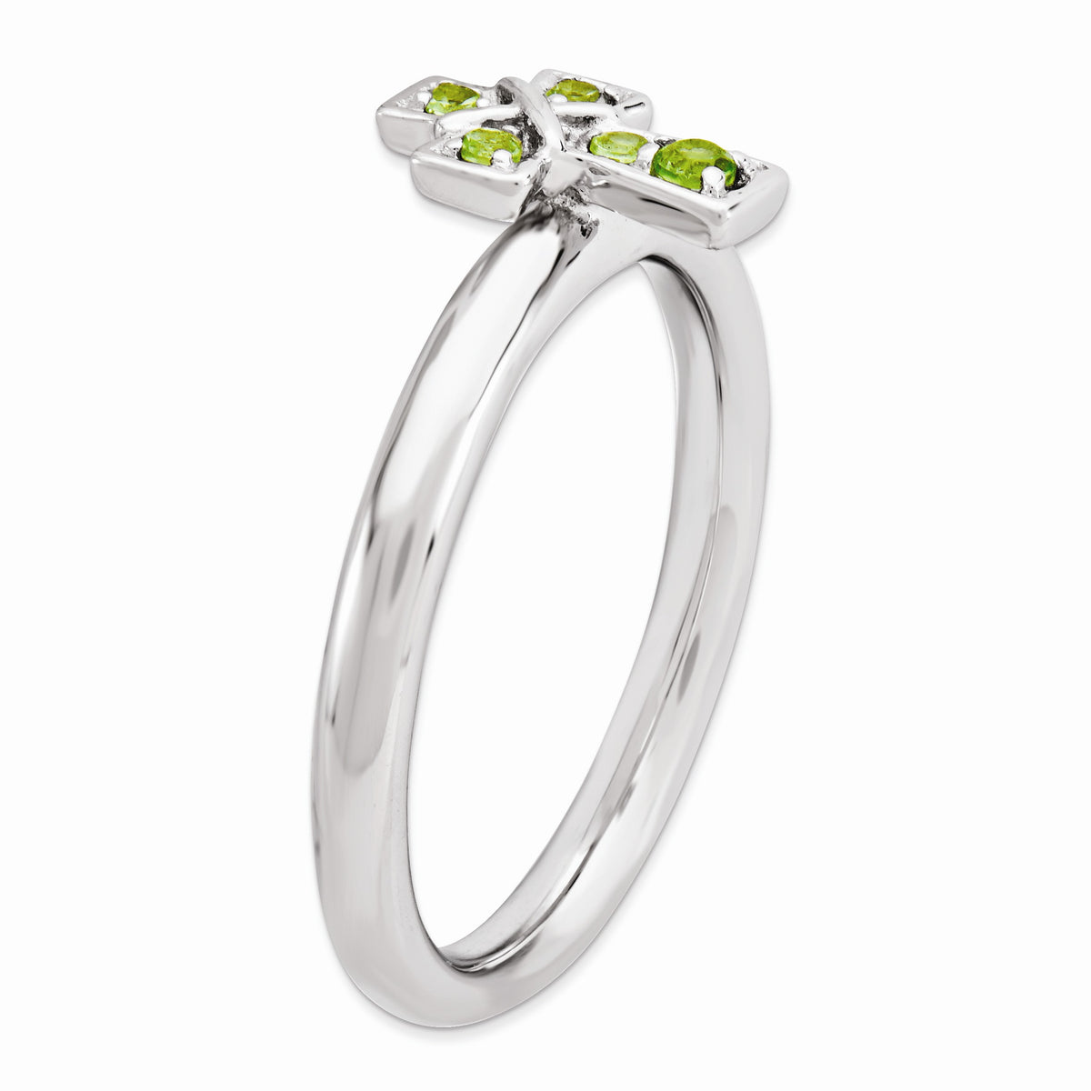Alternate view of the Rhodium Plated Sterling Silver Stackable Peridot 9mm Cross Ring Size 5 by The Black Bow Jewelry Co.