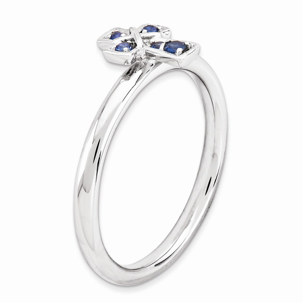 Alternate view of the Rhodium Sterling Silver Stackable Created Sapphire 9mm Cross Ring Sz 5 by The Black Bow Jewelry Co.