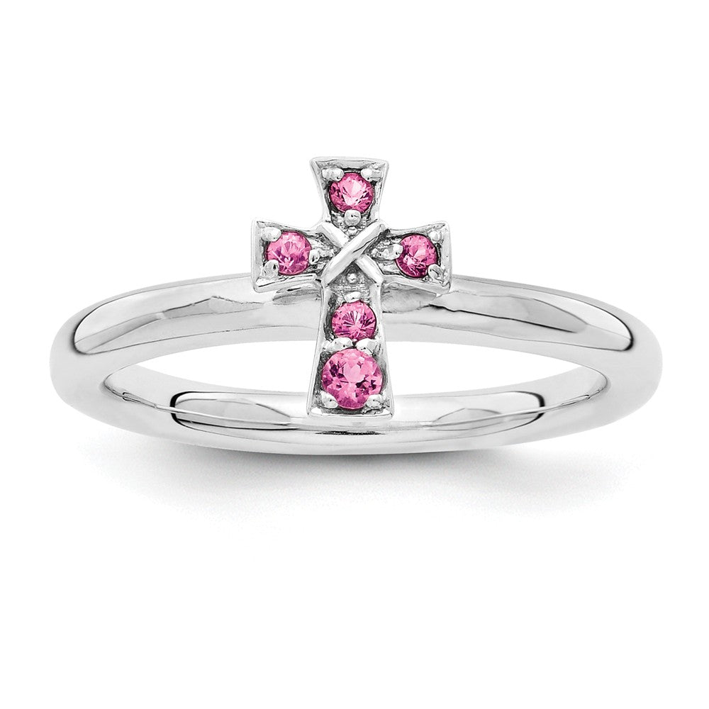 Rhodium Sterling Silver Stackable Pink Tourmaline 9mm Cross Ring, Item R11165 by The Black Bow Jewelry Co.