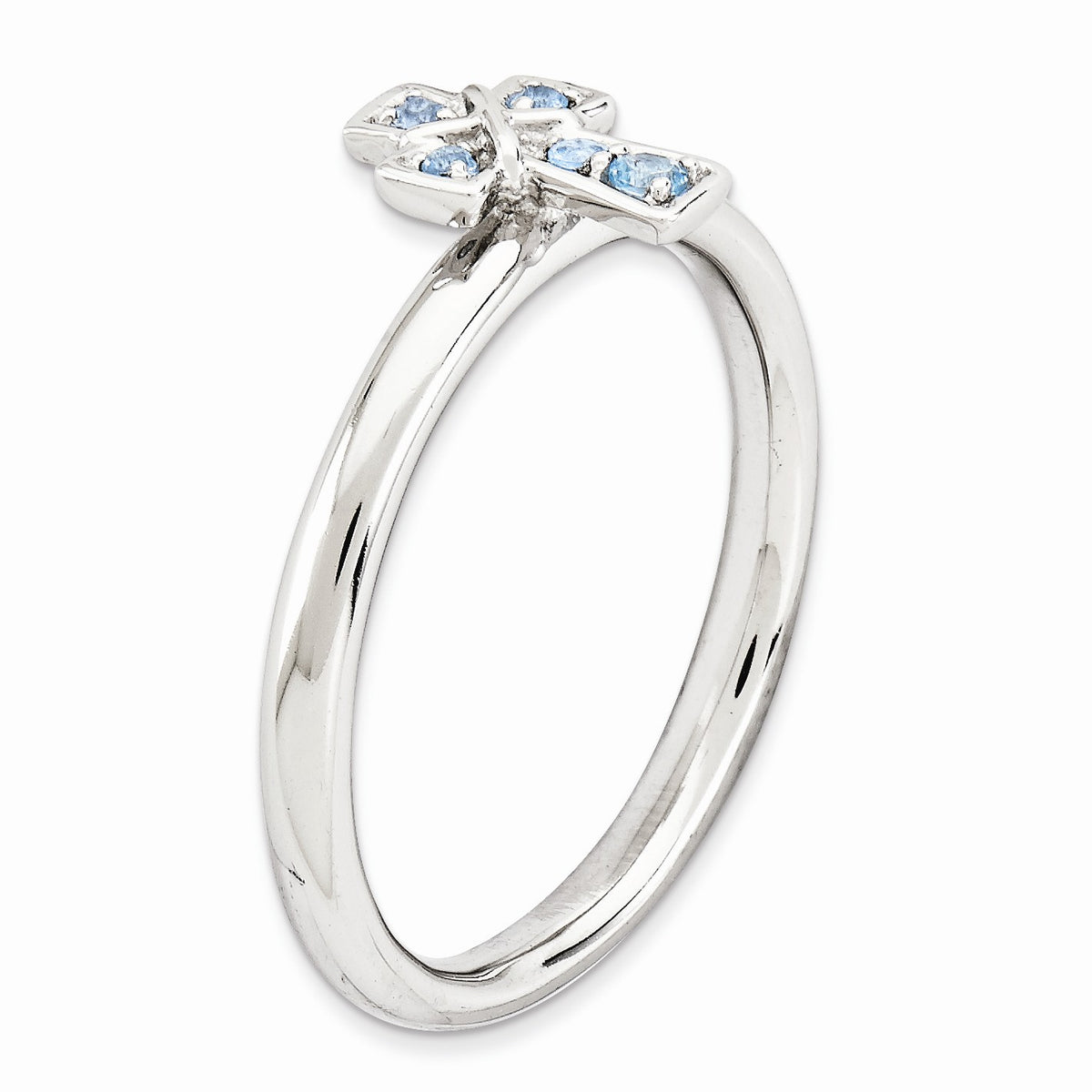 Alternate view of the Rhodium Plated Sterling Silver Stackable Blue Topaz 9mm Cross Ring Sz5 by The Black Bow Jewelry Co.