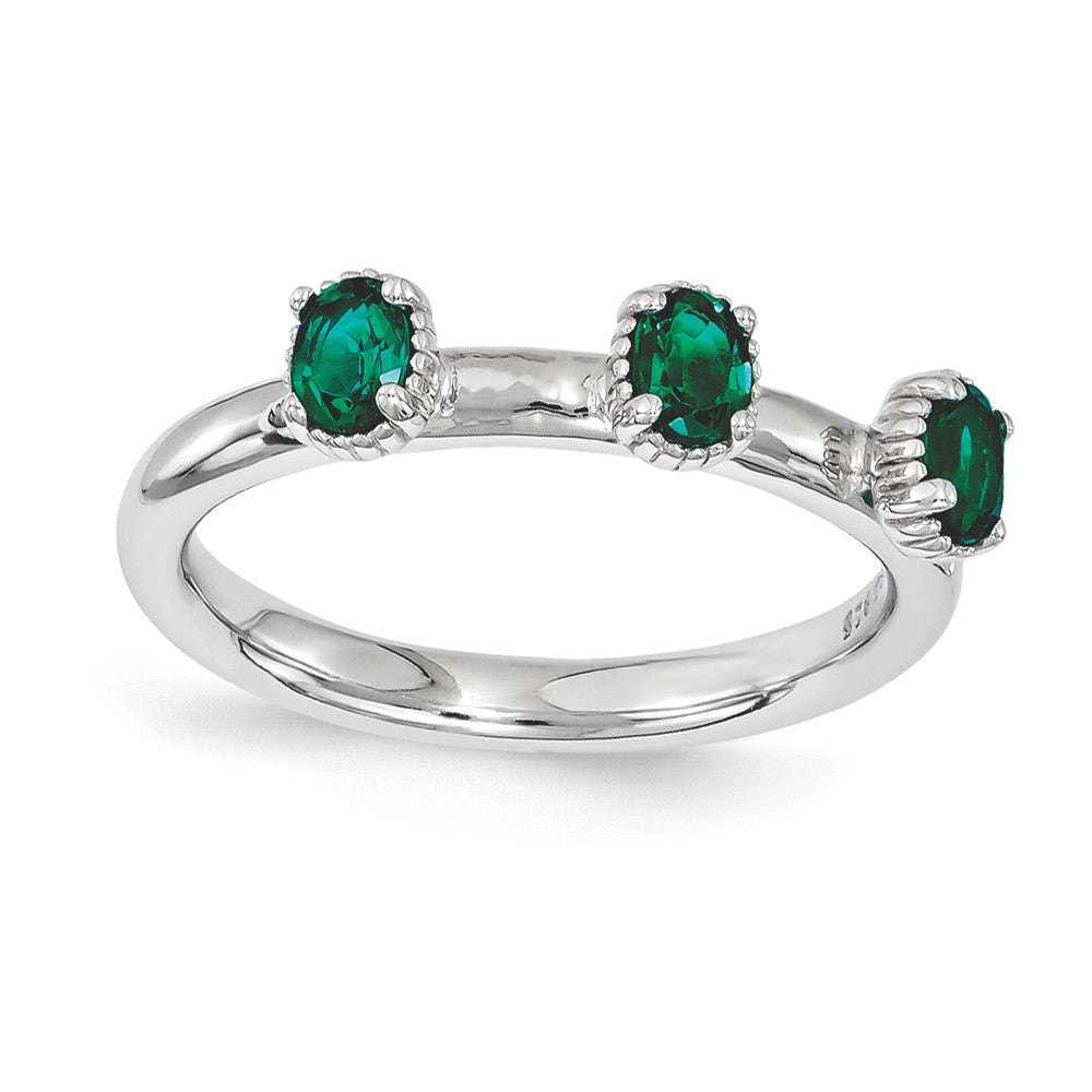 Sterling Silver Stackable Created Emerald Oval Three Stone Ring, Item R11174 by The Black Bow Jewelry Co.