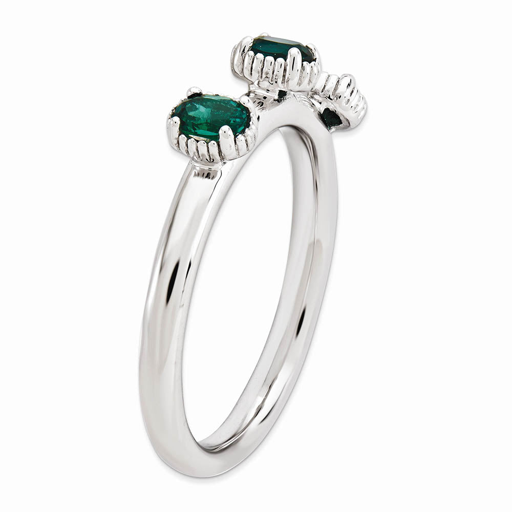 Alternate view of the Sterling Silver Stackable Created Emerald Oval Three Stone Ring Size 5 by The Black Bow Jewelry Co.