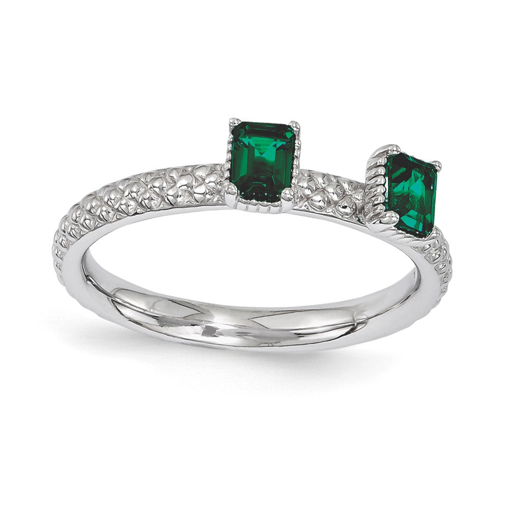 Sterling Silver Stackable Created Emerald Octagon Two Stone Ring, Item R11176 by The Black Bow Jewelry Co.