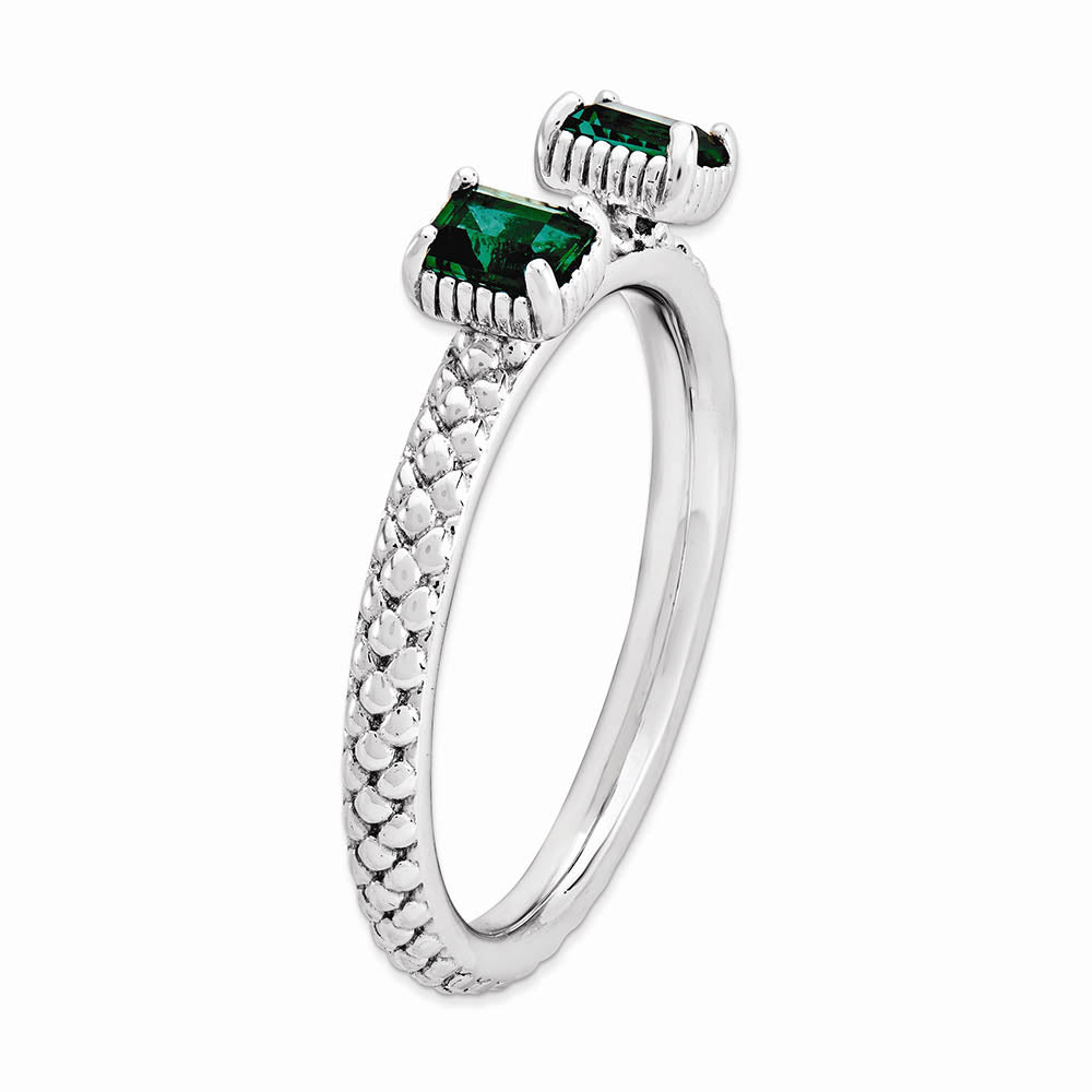 Alternate view of the Sterling Silver Stackable Created Emerald Octagon Two Stone Ring by The Black Bow Jewelry Co.