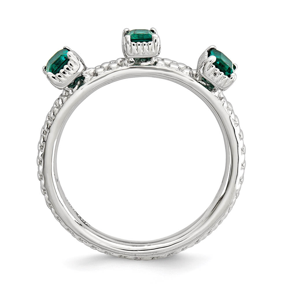 Alternate view of the Sterling Silver Stackable Created Emerald Octagon Three Stone Ring by The Black Bow Jewelry Co.