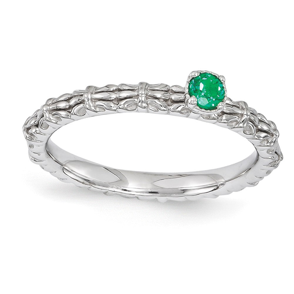 Sterling Silver Stackable Created Emerald Round Single Stone Ring, Item R11178 by The Black Bow Jewelry Co.